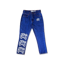 Load image into Gallery viewer, Dark Blue Stone Washed Demon Child Logo Jeans