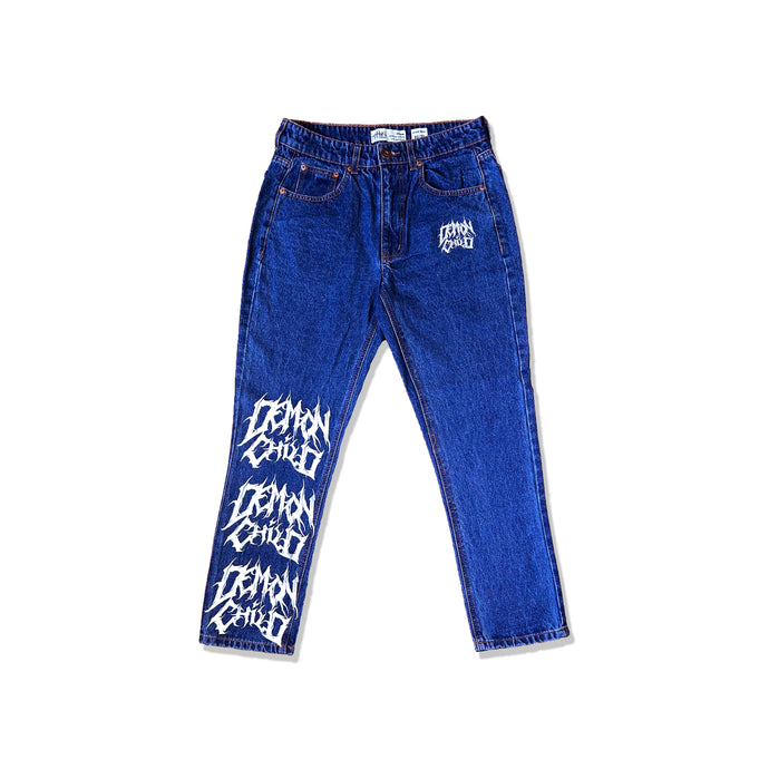 Dark Blue Stone Washed Demon Child Logo Jeans