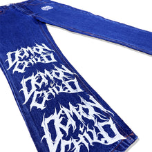 Load image into Gallery viewer, Dark Blue Stone Washed Demon Child Logo Jeans