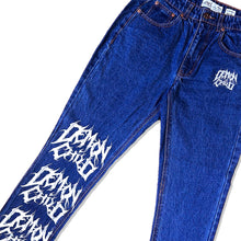 Load image into Gallery viewer, Dark Blue Stone Washed Demon Child Logo Jeans