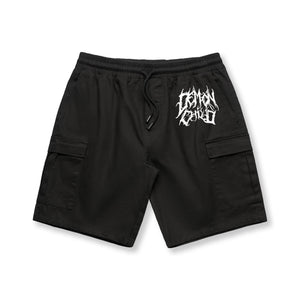 Black Logo Cargo Shorts with Demon Child Logo Embroidery