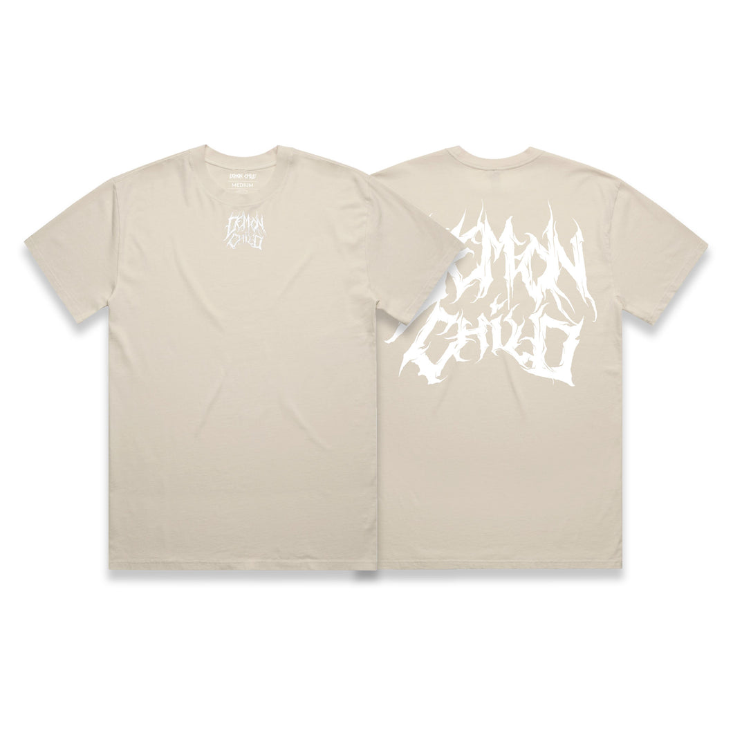 Faded Logo T-Shirt Ecru front and back graphic – Demon Child Clothing