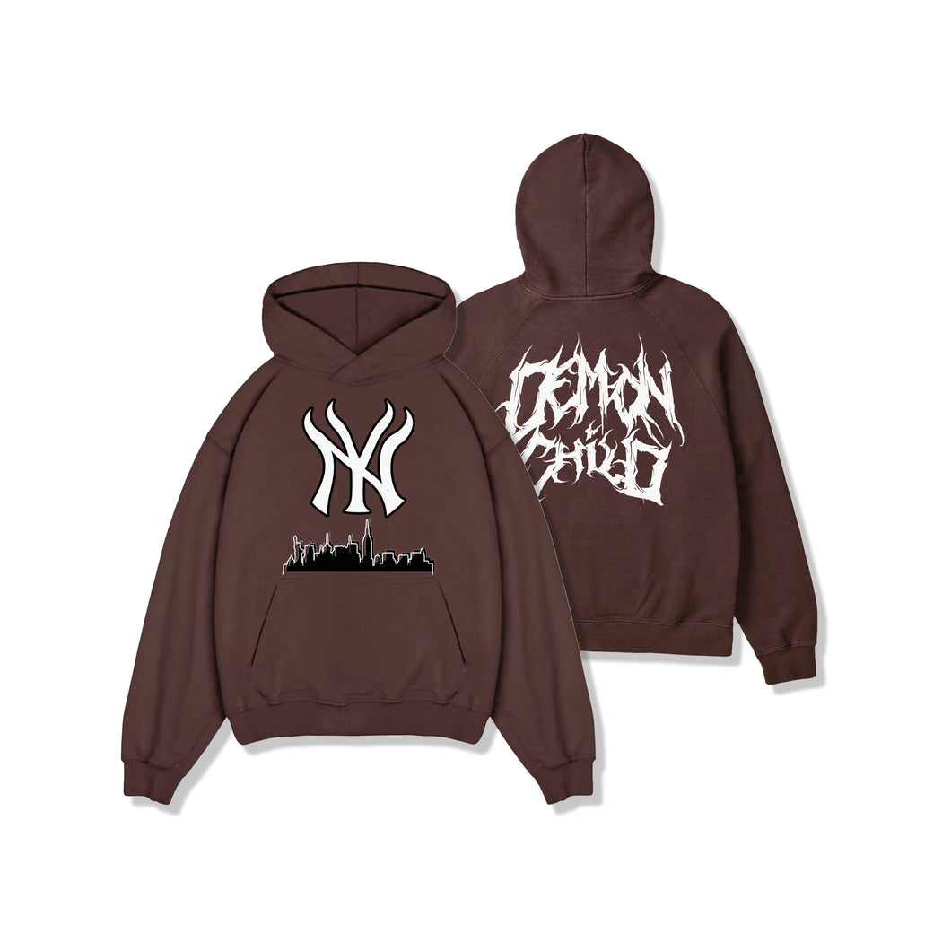 NY Skyline Hoodie Mocha – Demon Child Clothing Streetwear Graphic Hoodie