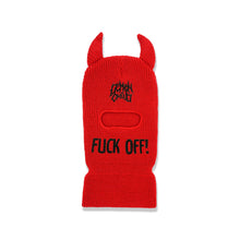 Load image into Gallery viewer, Red F OFF ski mask with Demon Child logo and black F OFF embroidery