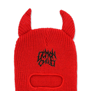 Red F OFF ski mask with Demon Child logo and black F OFF embroidery