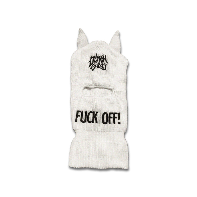 White Demon Ski Mask with F OFF Embroidery – Streetwear Accessory